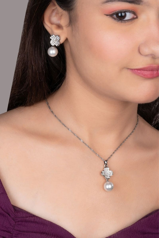 ALINA SILVERY PEARL DROP CHAIN & PENDANT SET - ANTI-TARNISH