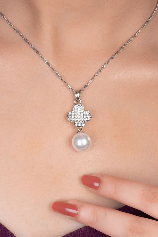 ALINA SILVERY PEARL DROP CHAIN & PENDANT SET - ANTI-TARNISH