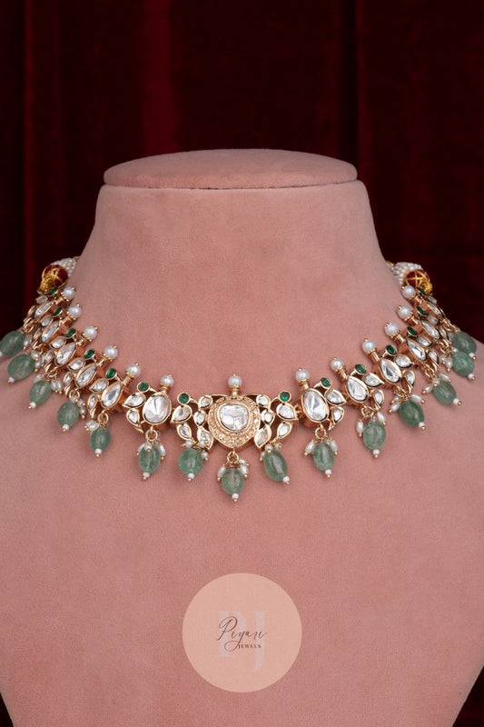 NISHITA POLKI NECKLACE SET WITH EMERALD BEADS
