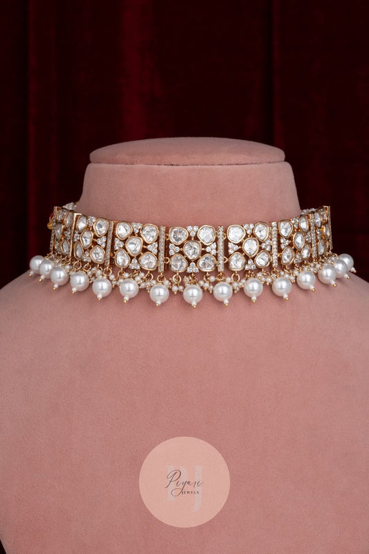RAAVYA MOSSIANITE CHOKER SET WITH WHITE PEARL DROPS